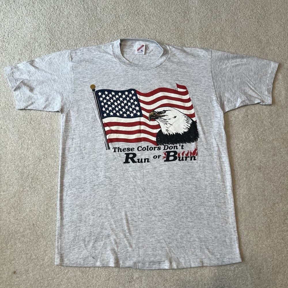 Vintage Eagle USA Flag Shirt Gray XL The Colors Don’t Run Or Burn 90s American